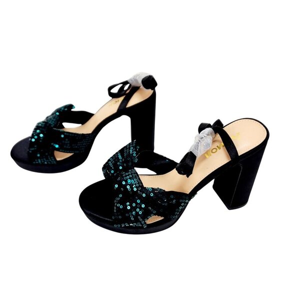 Amoji Womens Sequin Bow High Heel Sandals Black/Green Size 38 /US 8 - Picture 12 of 16